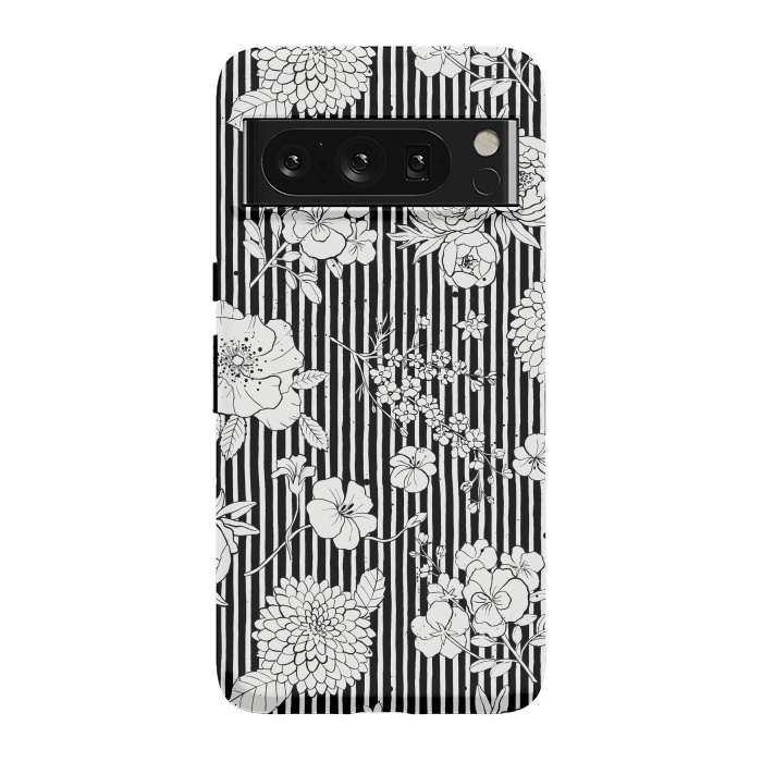 Pixel 8 Pro StrongFit Flowers and Stripes Black and White by Ninola Design