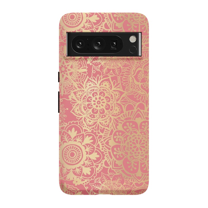 Pixel 8 Pro StrongFit Coral Pink and Gold Mandala Pattern by Julie Erin Designs