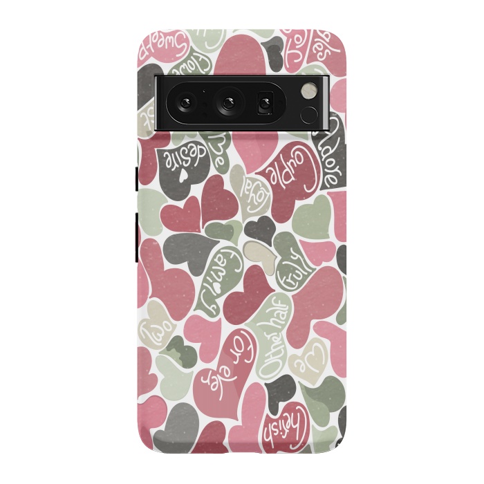 Pixel 8 Pro StrongFit Love hearts with loving words in pink and green by Paula Ohreen