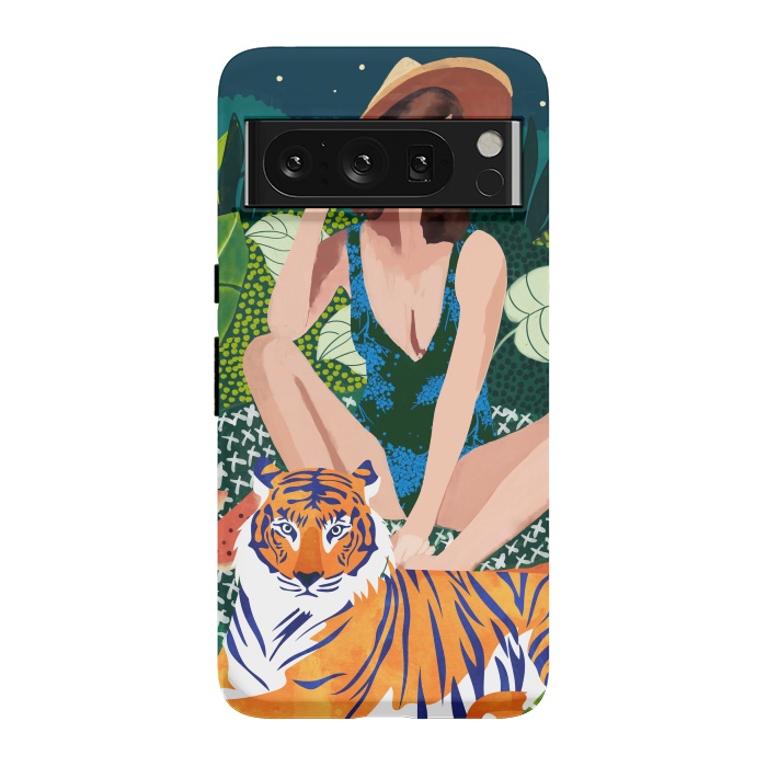 Pixel 8 Pro StrongFit Living In The Jungle, Tiger Tropical Picnic Illustration, Forest Woman Bohemian Travel Camp Wild by Uma Prabhakar Gokhale