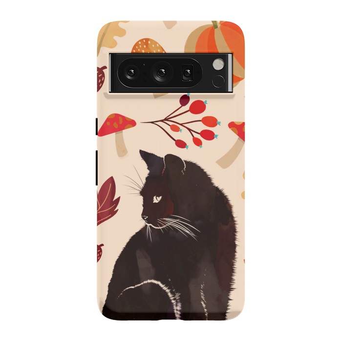 Pixel 8 Pro StrongFit Black cat and autumn woodland pattern - leaves, mushroom, pumpkin by Oana 