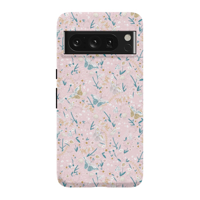Pixel 8 Pro StrongFit Delicate Daisies and Butterflies half-drop repeat pattern on Pink by Paula Ohreen