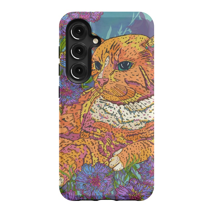 Galaxy S24 StrongFit Ginger Cat in Flowers by Lotti Brown