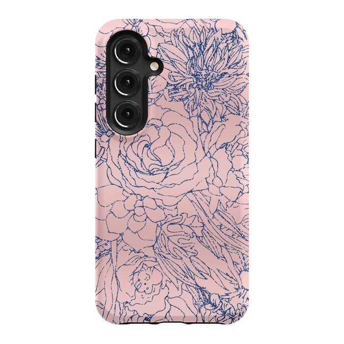 Galaxy S24 StrongFit Stylish Metallic Navy Blue and Pink Floral Design by InovArts