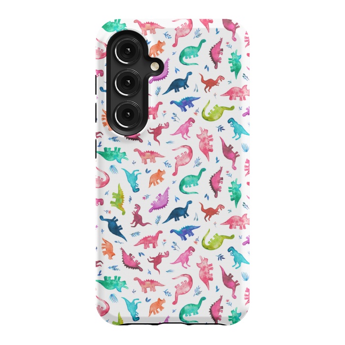 Galaxy S24 StrongFit Tiny Ditsy Watercolor Dinosaurs in Rainbow Colors by Micklyn Le Feuvre