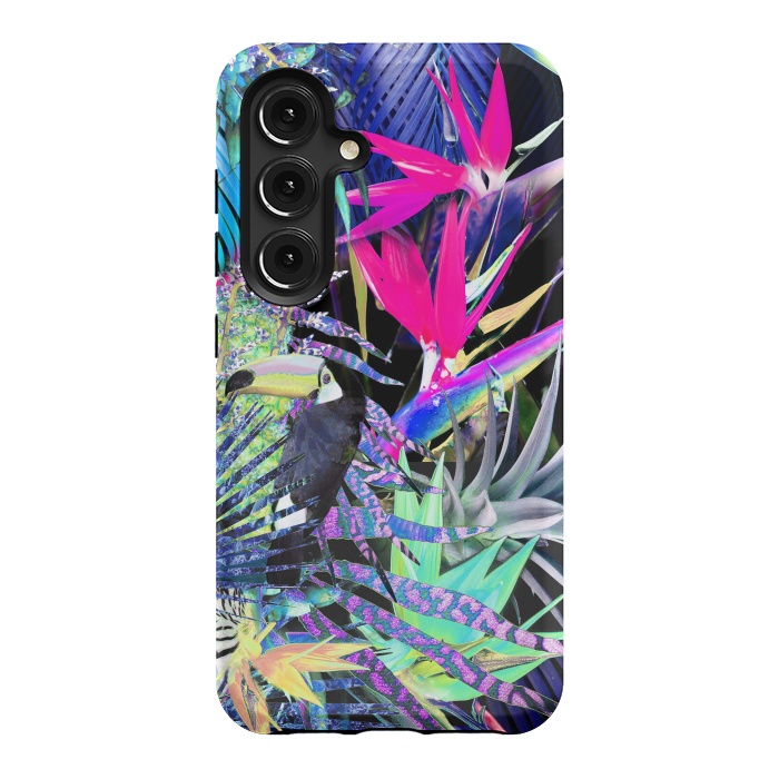 Galaxy S24 StrongFit Colorful neon toucan and strelitzia jungle pattern by Oana 