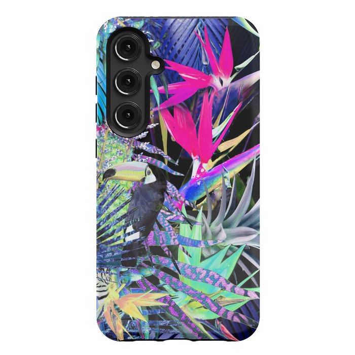 Galaxy S24 Plus StrongFit Colorful neon toucan and strelitzia jungle pattern by Oana 