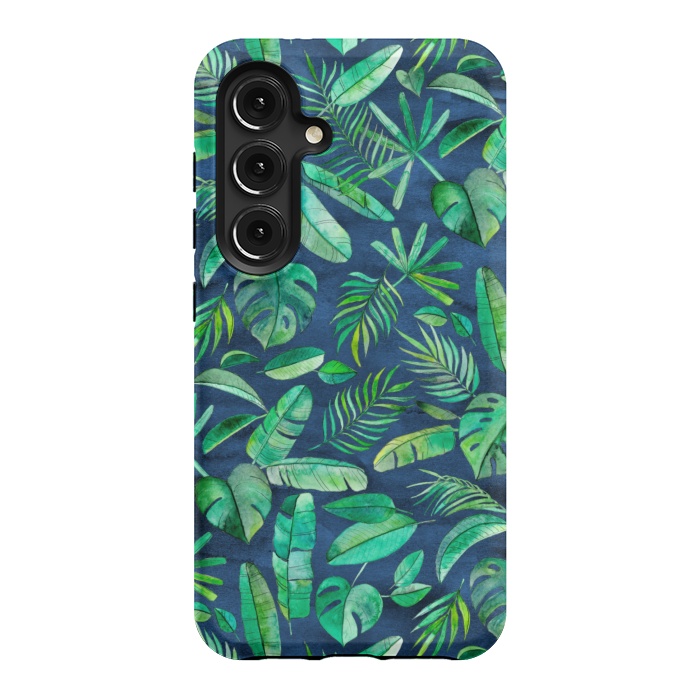 Galaxy S24 StrongFit Emerald Tropical Leaf Scatter on textured Navy Blue by Micklyn Le Feuvre