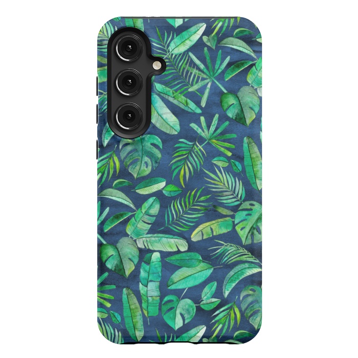Galaxy S24 Plus StrongFit Emerald Tropical Leaf Scatter on textured Navy Blue by Micklyn Le Feuvre