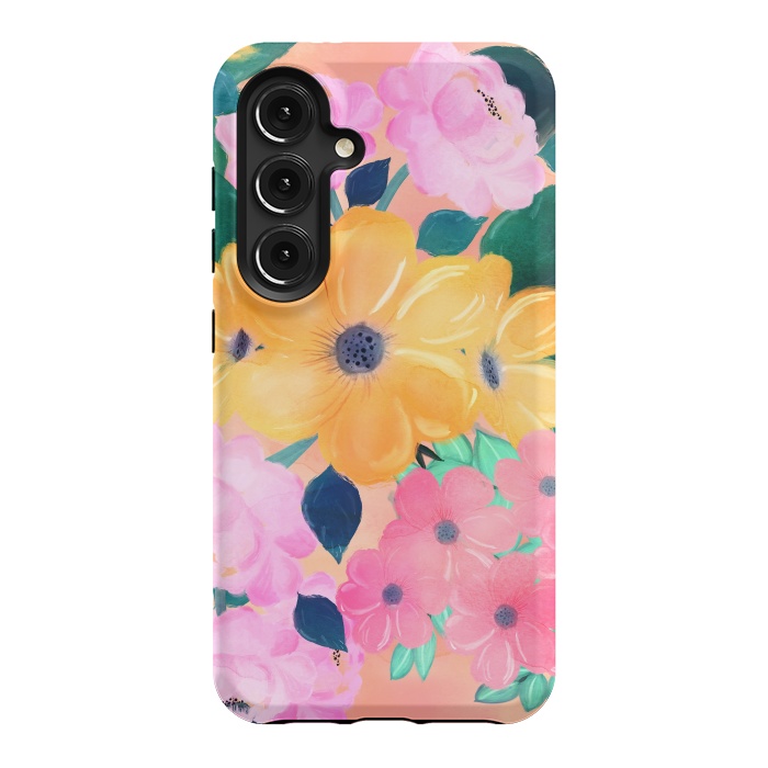 Galaxy S24 StrongFit Trendy Pink Peonies Yellow Sunflowers Watercolor paint by InovArts