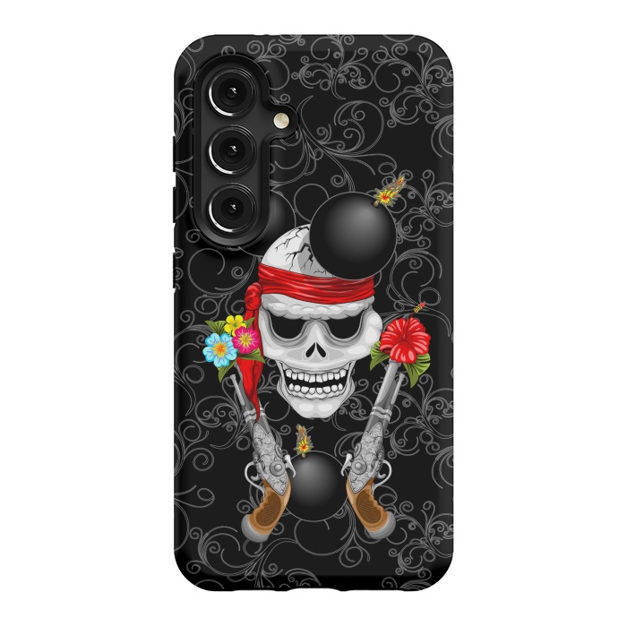 Galaxy S24 StrongFit Pirate Skull, Ancient Guns, Flowers and Cannonballs by BluedarkArt