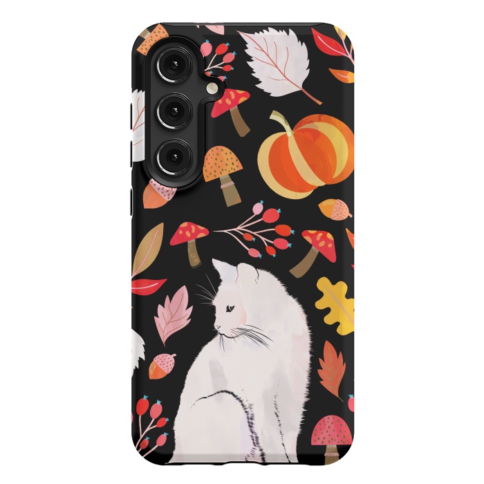 Galaxy S24 Plus StrongFit Autumn nature pattern with white cat by Oana 