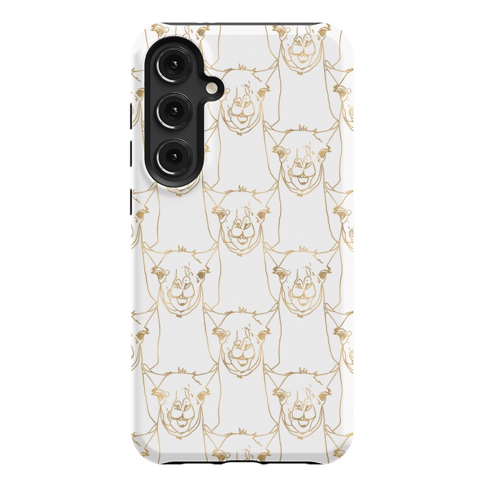 Galaxy S24 Plus StrongFit Cute Gold Strokes Llama Animal White Pattern by InovArts