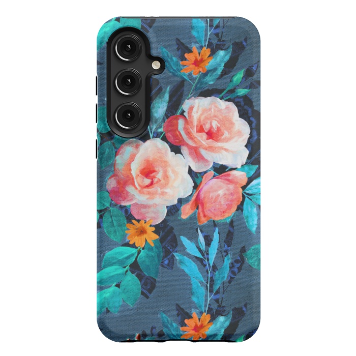 Galaxy S24 Plus StrongFit Retro Rose Chintz in Radiant Coral on Blue by Micklyn Le Feuvre
