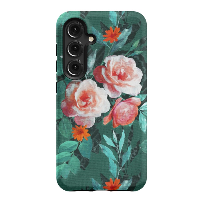 Galaxy S24 StrongFit Retro Rose Chintz in Melon Pink on Dark Emerald Green by Micklyn Le Feuvre