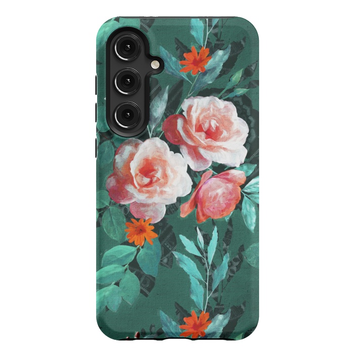 Galaxy S24 Plus StrongFit Retro Rose Chintz in Melon Pink on Dark Emerald Green by Micklyn Le Feuvre