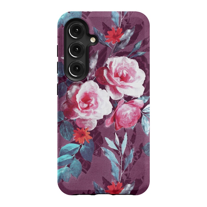 Galaxy S24 StrongFit Retro Rose Chintz in Magenta and Plum by Micklyn Le Feuvre