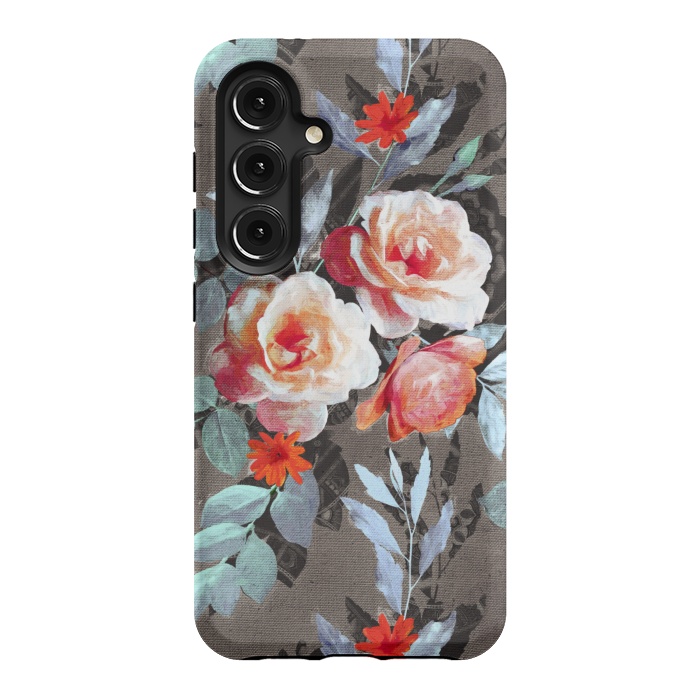 Galaxy S24 StrongFit Retro Rose Chintz in Scarlet, Peach, Sage and Grey by Micklyn Le Feuvre