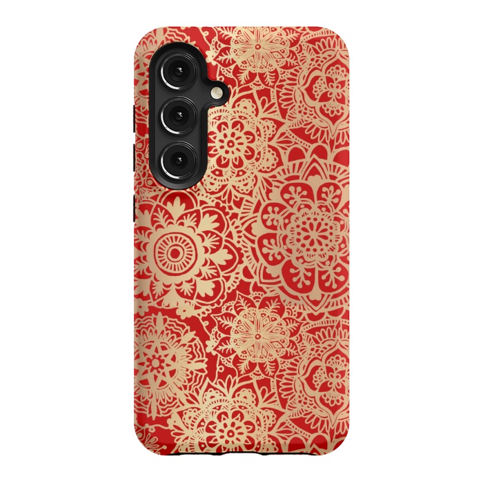 Galaxy S24 StrongFit Red and Gold Mandala Pattern by Julie Erin Designs