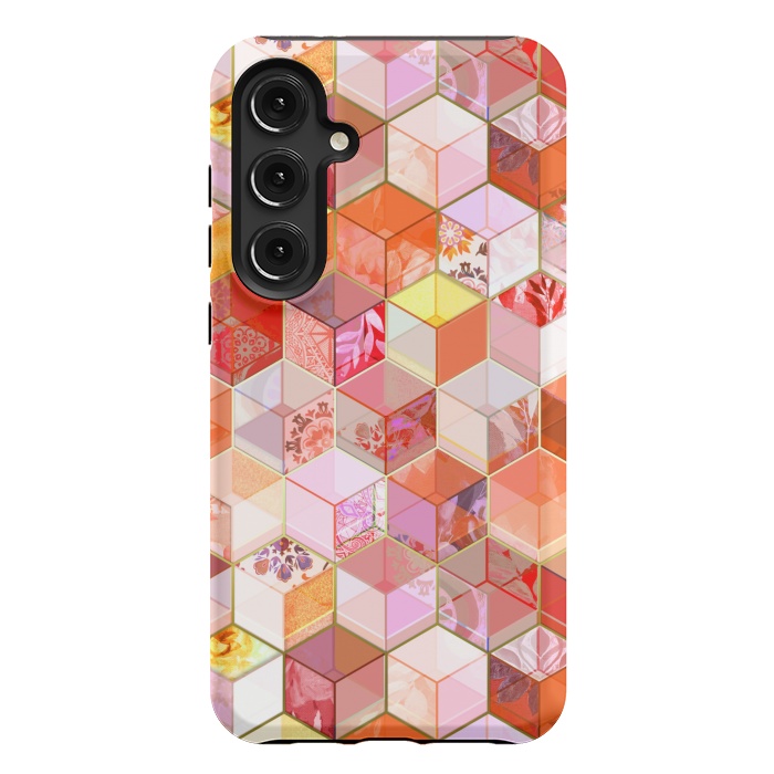 Galaxy S24 Plus StrongFit Gold and Garnet Kaleidoscope Cubes by Micklyn Le Feuvre