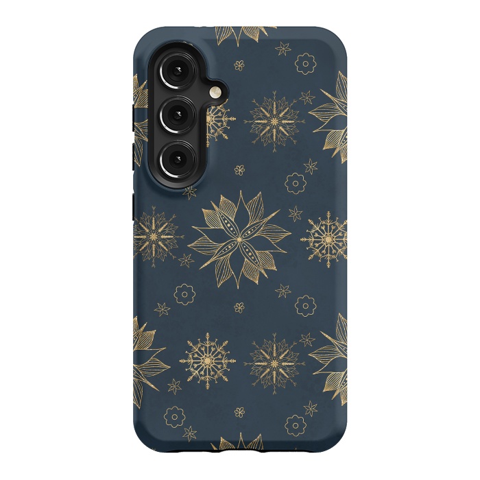 Galaxy S24 StrongFit Elegant Gold Blue Poinsettias Snowflakes Pattern by InovArts