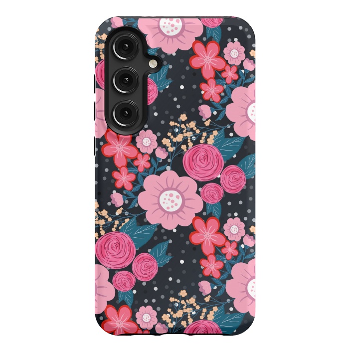 Galaxy S24 Plus StrongFit Pretty girly pink Floral Silver Dots Gray design by InovArts