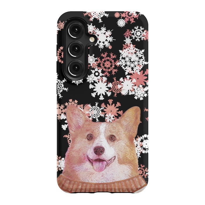 Galaxy S24 StrongFit Cute corgi and white rose gold snowflakes by Oana 