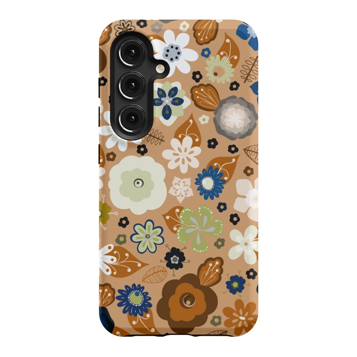 Galaxy S24 StrongFit Kitsch 70s Flowers in Classic Blue and Brown by Paula Ohreen