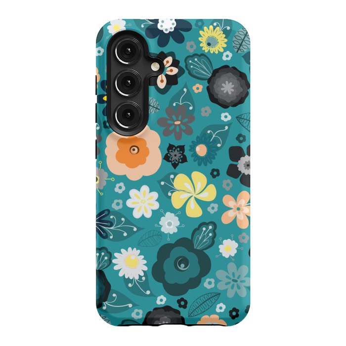 Galaxy S24 StrongFit Kitsch 70s Flowers in Classic Blue and Yellow by Paula Ohreen