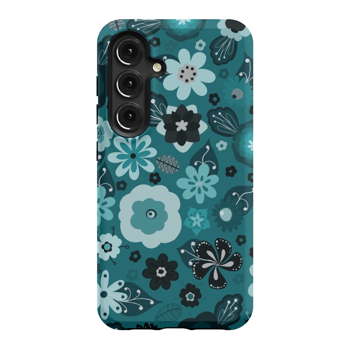 Galaxy S24 StrongFit Kitsch 70s Flowers in Monochrome Classic Blue by Paula Ohreen