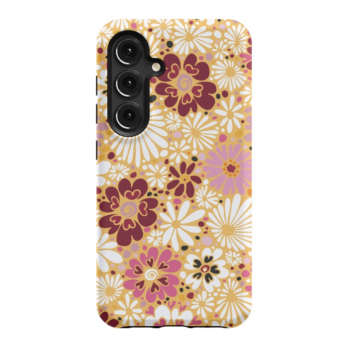 Galaxy S24 StrongFit 70s Valentine Flowers in Pink, Cream and Yellow by Paula Ohreen