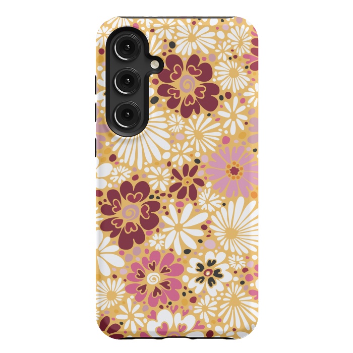 Galaxy S24 Plus StrongFit 70s Valentine Flowers in Pink, Cream and Yellow by Paula Ohreen