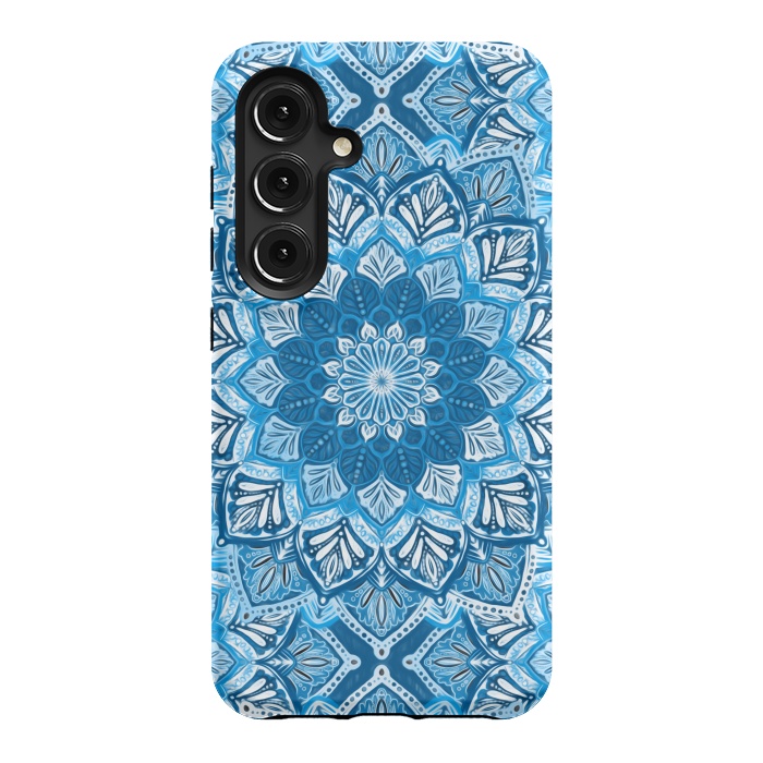 Galaxy S24 StrongFit Boho Mandala in Monochrome Blue and White by Micklyn Le Feuvre
