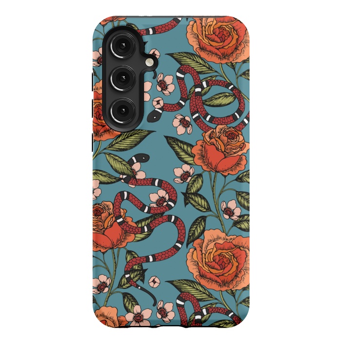 Galaxy S24 Plus StrongFit Roses and snake. Blue pattern by Julia Badeeva