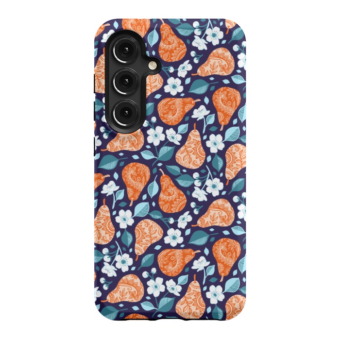 Galaxy S24 StrongFit Cheerful Pears in Orange on Navy Blue by Micklyn Le Feuvre