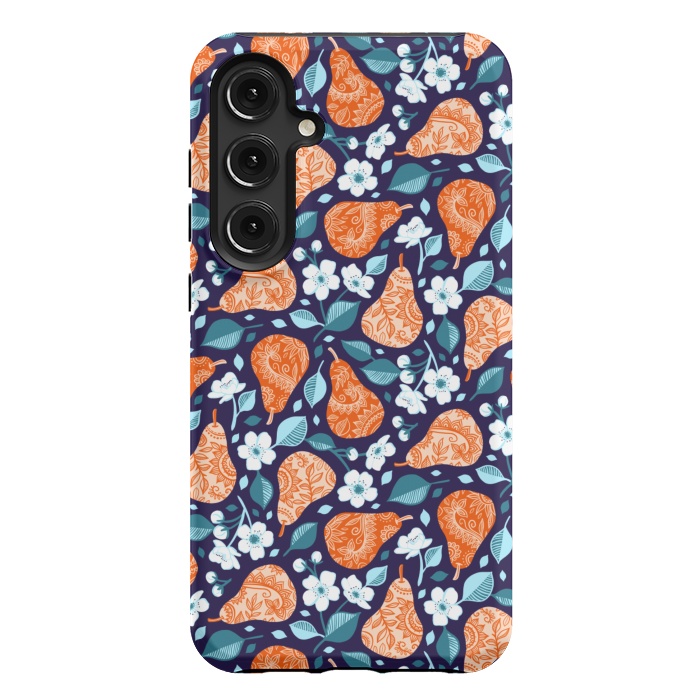 Galaxy S24 Plus StrongFit Cheerful Pears in Orange on Navy Blue by Micklyn Le Feuvre