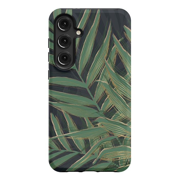 Galaxy S24 Plus StrongFit Trendy Green Palm Leaves Gold Strokes Gray Design by InovArts