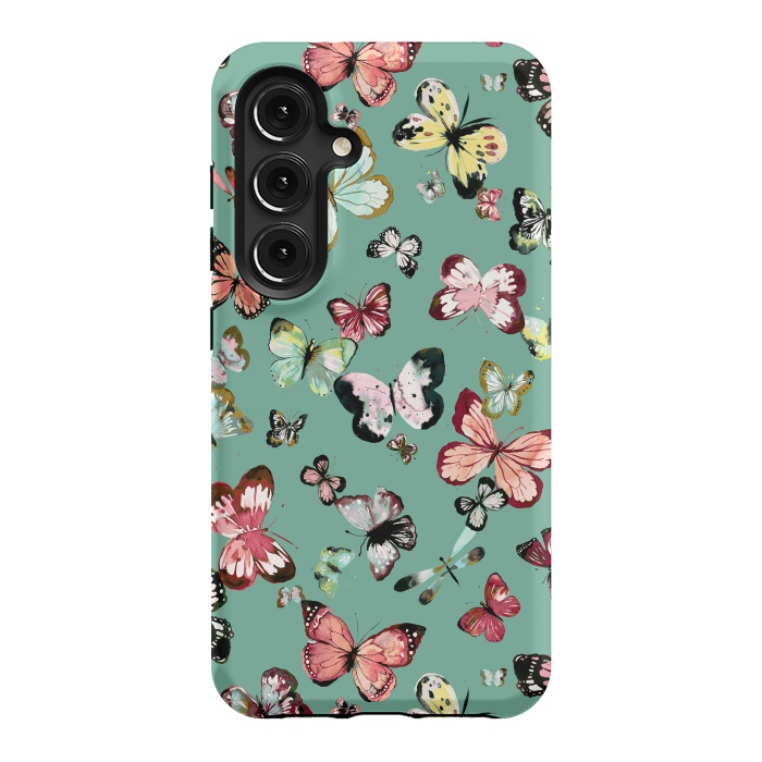 Galaxy S24 StrongFit Flying Butterflies Watercolor Teal by Ninola Design