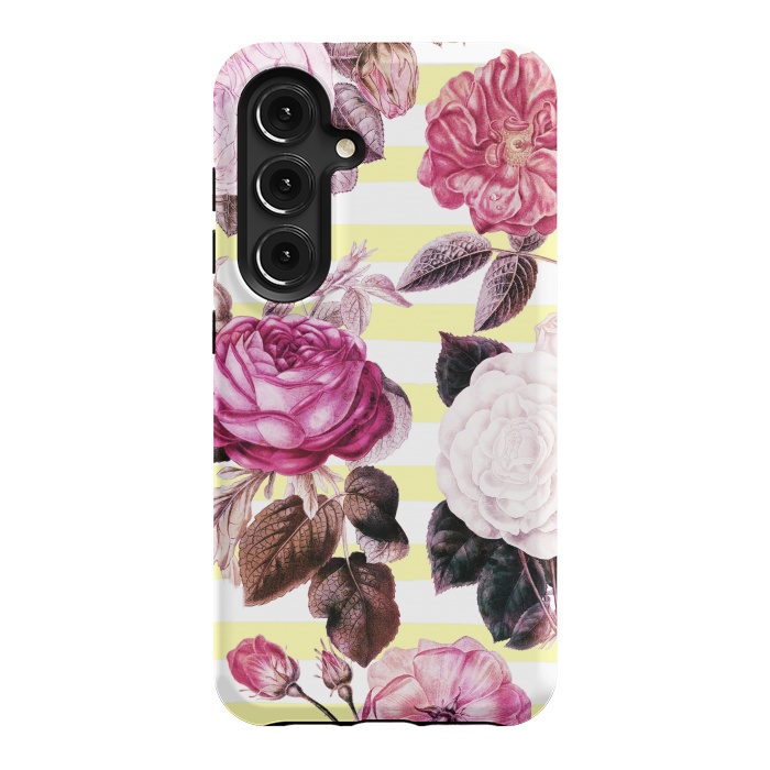 Galaxy S24 StrongFit Vintage romantic roses and bright yellow stripes by Oana 