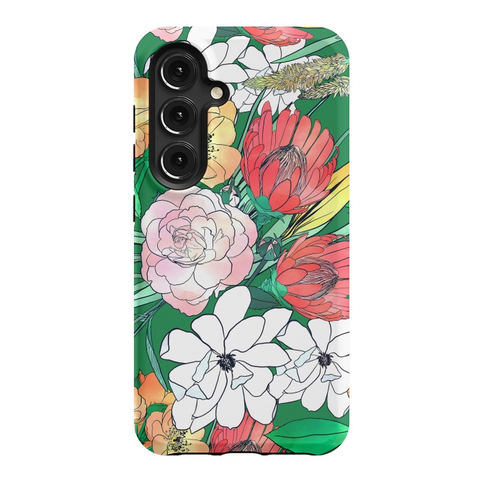 Galaxy S24 StrongFit Colorful Hand Drawn Flowers Green Girly Design by InovArts