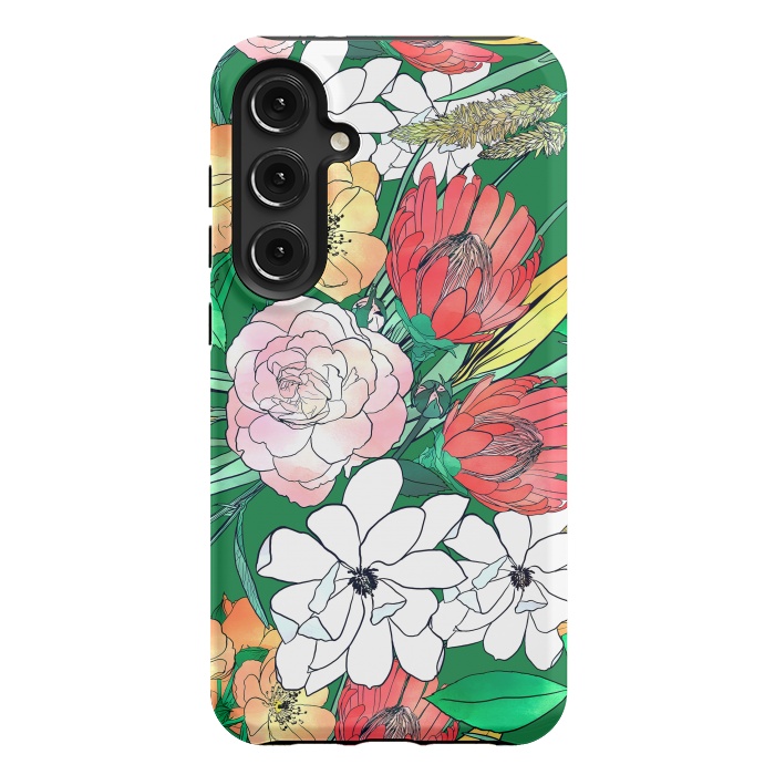 Galaxy S24 Plus StrongFit Colorful Hand Drawn Flowers Green Girly Design by InovArts