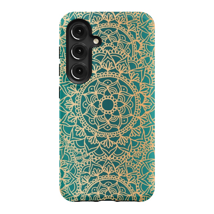 Galaxy S24 StrongFit Teal Green and Yellow Mandala Pattern by Julie Erin Designs