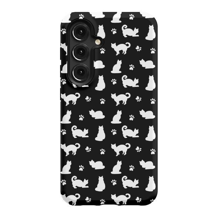 Galaxy S24 StrongFit Black and White Cats and Paw Prints Pattern by Julie Erin Designs