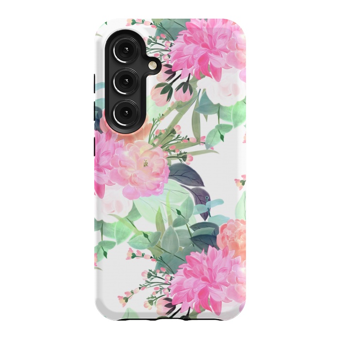 Galaxy S24 StrongFit Girly Pink & White Flowers Watercolor Paint by InovArts