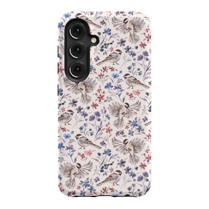 Galaxy S24 StrongFit Chickadees and Wildflowers on Cream by Micklyn Le Feuvre