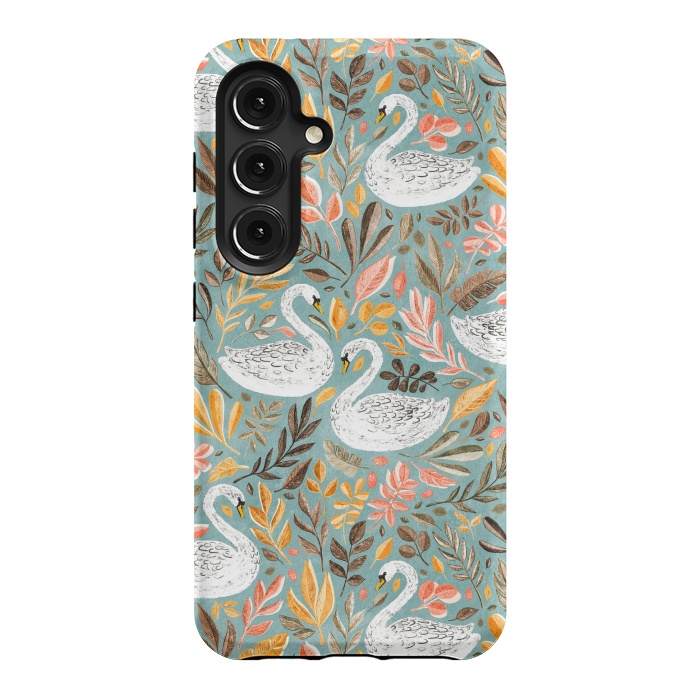 Galaxy S24 StrongFit Whimsical White Swans with Autumn Leaves on Sage by Micklyn Le Feuvre