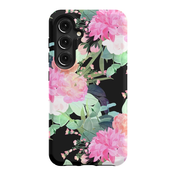 Galaxy S24 StrongFit Trendy Pink & Black Flowers Watercolor Design by InovArts
