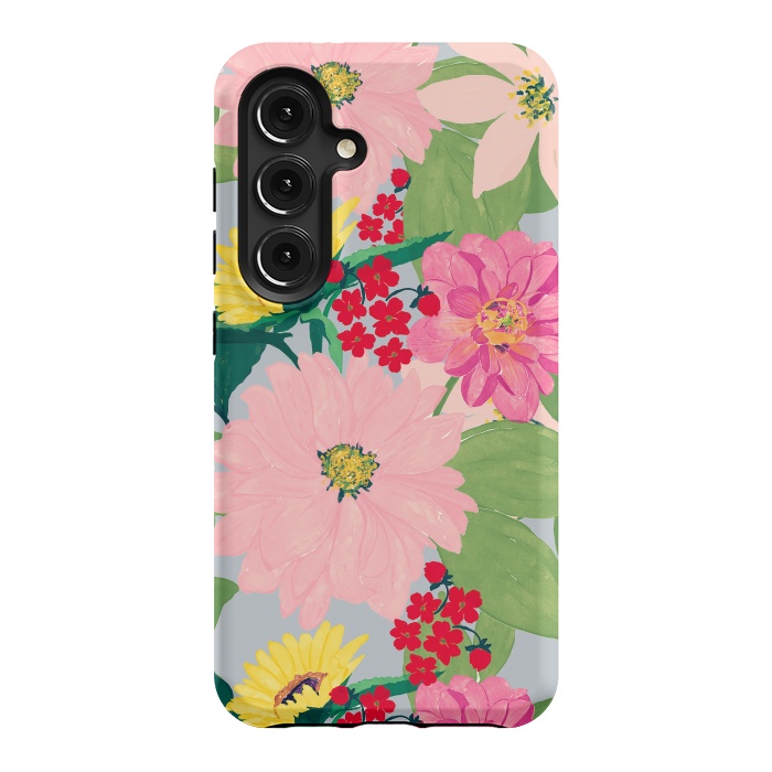 Galaxy S24 StrongFit Elegant Watercolor Sunflowers Blush Floral Gray Design by InovArts