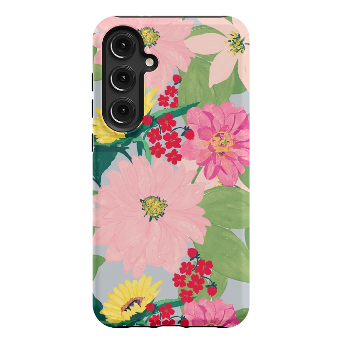 Galaxy S24 Plus StrongFit Elegant Watercolor Sunflowers Blush Floral Gray Design by InovArts