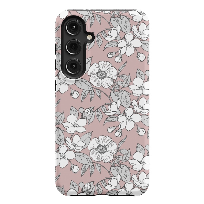 Galaxy S24 Plus StrongFit White Cherry flowers line art drawing on pink by Oana 